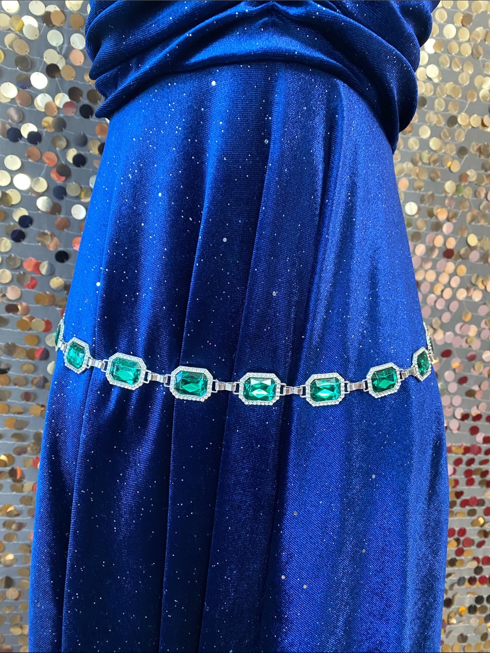 Green and silver tone waist chain belt #441